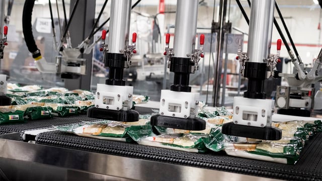 An interior shot of a Delkor MSP Series Case Packer loading bags of cheese