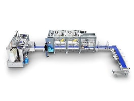 A rendered drawing of Delkor's Adaptable Packaging Lines including a Trayfecta X Series Former, LSP Series Case Packer, F Series Closer and a person manning the HMI screen.