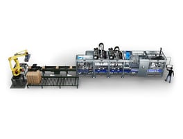 A rendered drawing of Delkor's Compact Packaging Lines including a Delkor Palletizer, EVO Series Case Packer, Trayfecta X Series Former and a person manning the HMI screen.