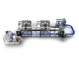 A rendered drawing of Delkor's High Speed Packaging Lines including a Trayfecta G Series Former, HSP Series Case Packer, F Series Closer and a person manning the HMI screen.